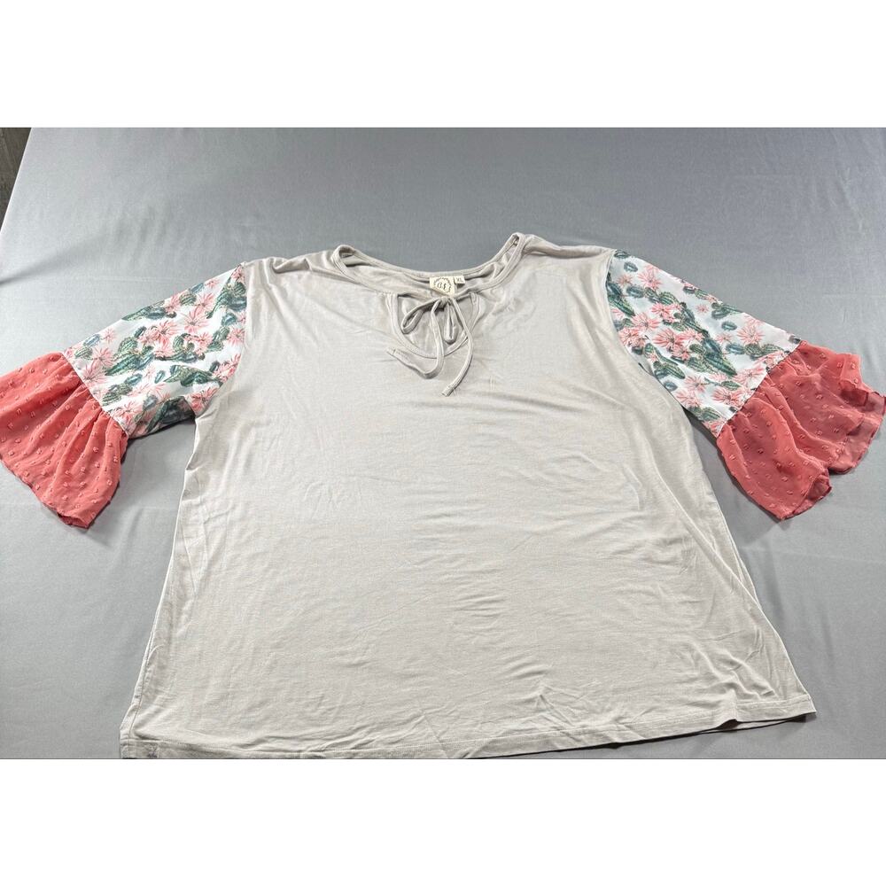 Women’s XL Boho Floral Bell Sleeve Blouse Tie Neck Pink Beige Cottagecore Top